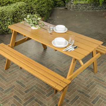 Shoreham 59" Modern Classic Outdoor Wood Picnic Table Benches with Umbrella Hole - JONATHAN Y